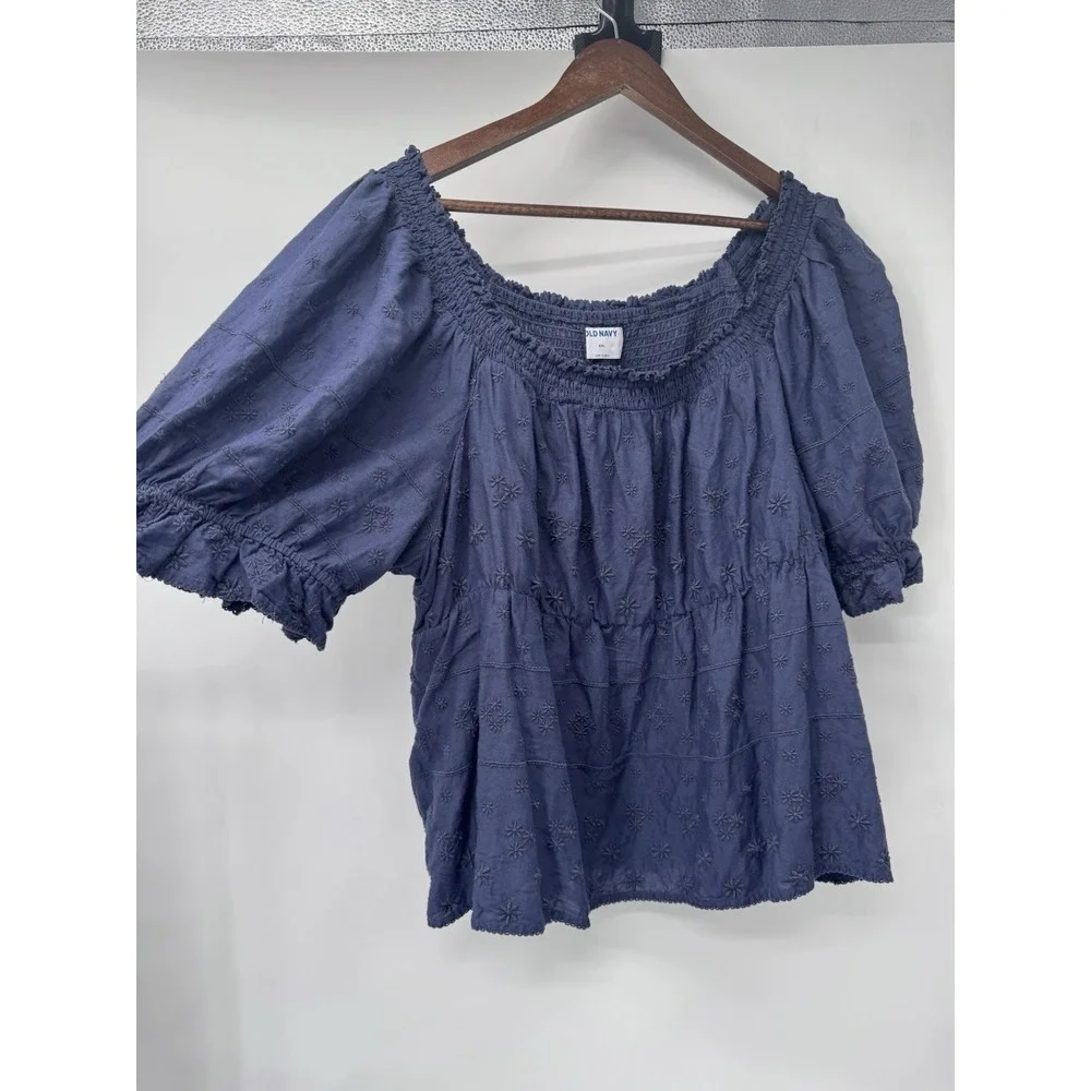 Old‎ Navy 2X Blue Floral Embroidered eyelet Smocked Blouse cottage puff sleeve